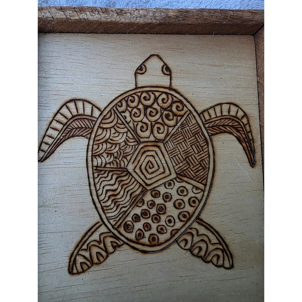 Handmade Wood Burned Sea Turtle Wall Art Rustic Reclaimed Wood Frame Pyrograp E3